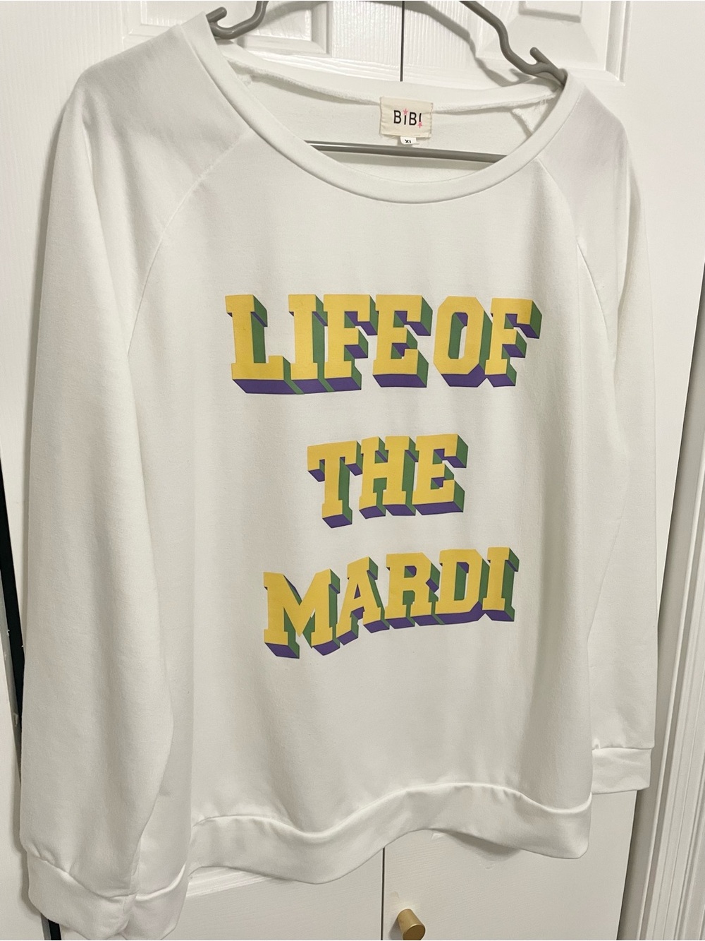 BiBi Mardi Gras White Sweatshirt with Yellow, Purple & Green 3D Lettering